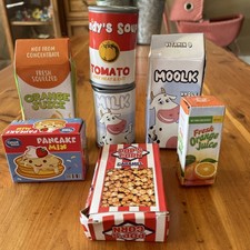 MIXED LOT OF 7 PRETEND PLAY TOY FOOD MILK SOUP PANCAKE MIX ORANGE JUICE POPCORN