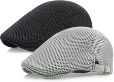 2 Pack Men's Mesh Cap Breathable Summer Newsboy Hat One Size Black/Light Gray