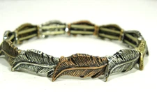 Tri Tone Stretch Bracelet Silver Gold Copper Feather Leaf Textured