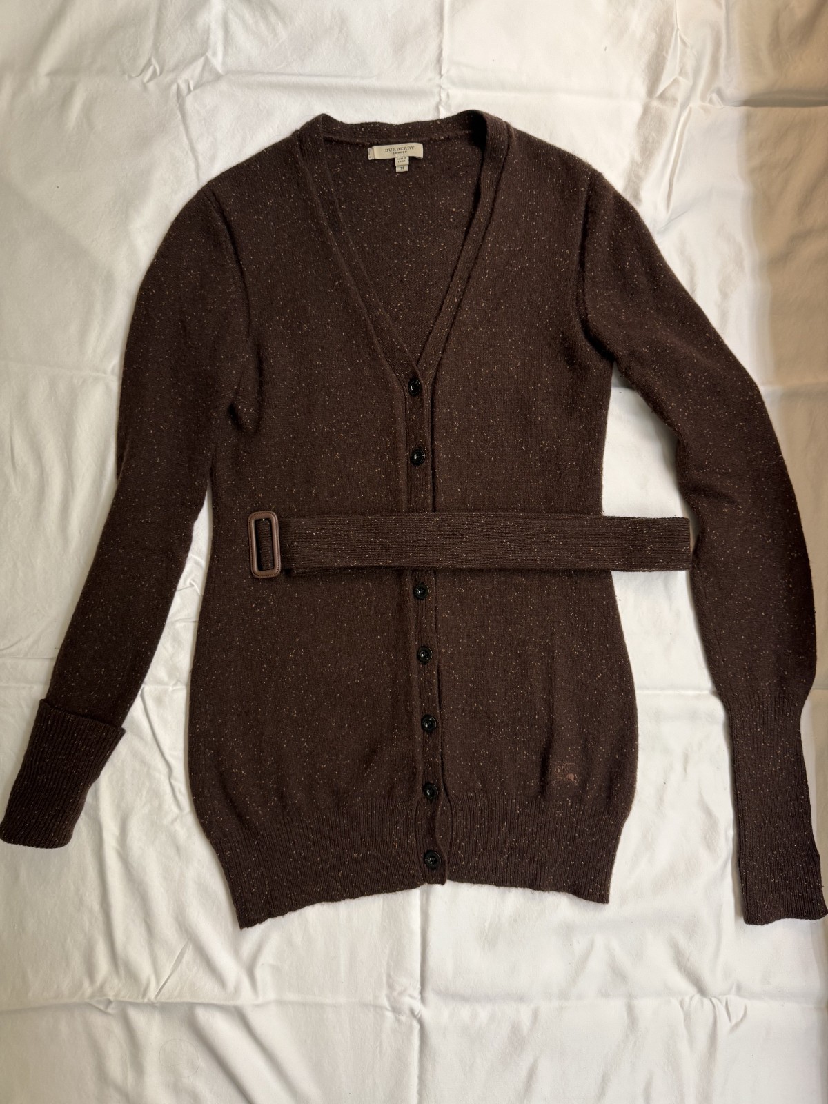 Brown flecked cashmere belted cardigan by Burberry London