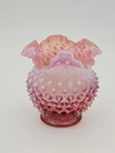 Vintage Fenton Cranberry Glass Opalescent Hobnail Ruffled Rose Bowl Vase 5” Tall