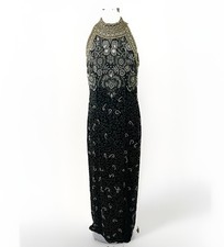 Laurence Kazar Beaded Gown XL Halter Maxi Dress 100 Silk Black Silver 80s 90s