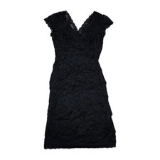 Marina Black Lace Beaded Sheath Dress Women’s 8 V-Neck Cap Sleeve Cocktail NWT