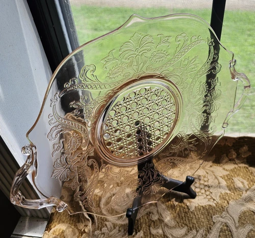 Depression Glass Lancaster Pink Cane Landrum 13" Handled Sandwich Plate Platter!