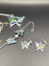 Butterfly Jewelry Set iridescent necklace Bracelet Earrings silver Costume boho