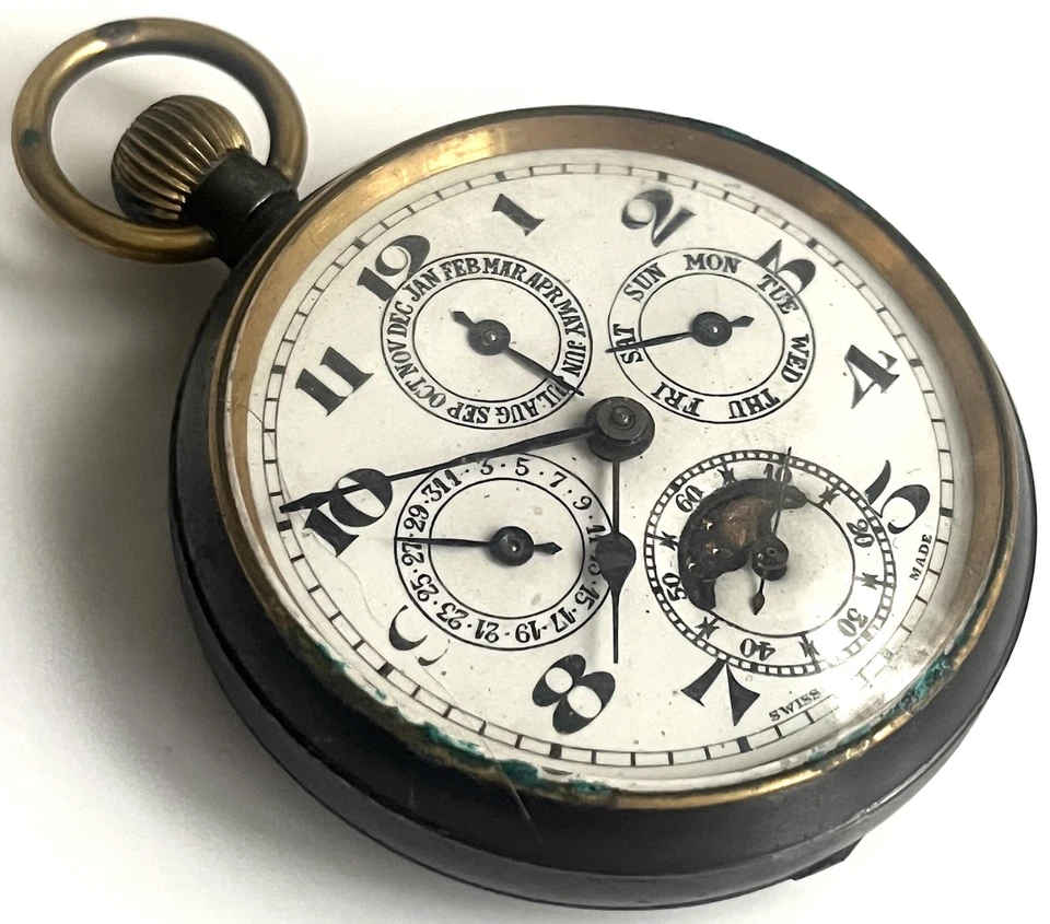 Pocket Watch - Antique - Swiss Made - Moon Phase - Vintage - Rare - Calendar - Image 3 of 4