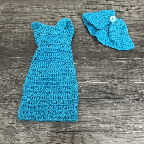 Vintage Barbie & Friends Hand Knit / Crochet Outfit - Blue Sheath Mini Dress
