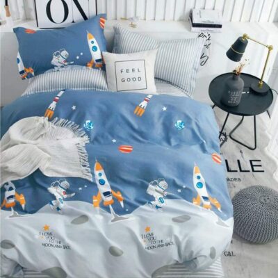 Kinderbettwäsche 135x200 Kinder Jungen Astronaut und Rakete 100% Baumwolle