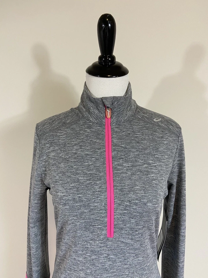 Pullover Asics S Gris Jaspeado Rosa 1/2 Cremallera Pulgares Térmico LT Nuevo Foto 2 de 4