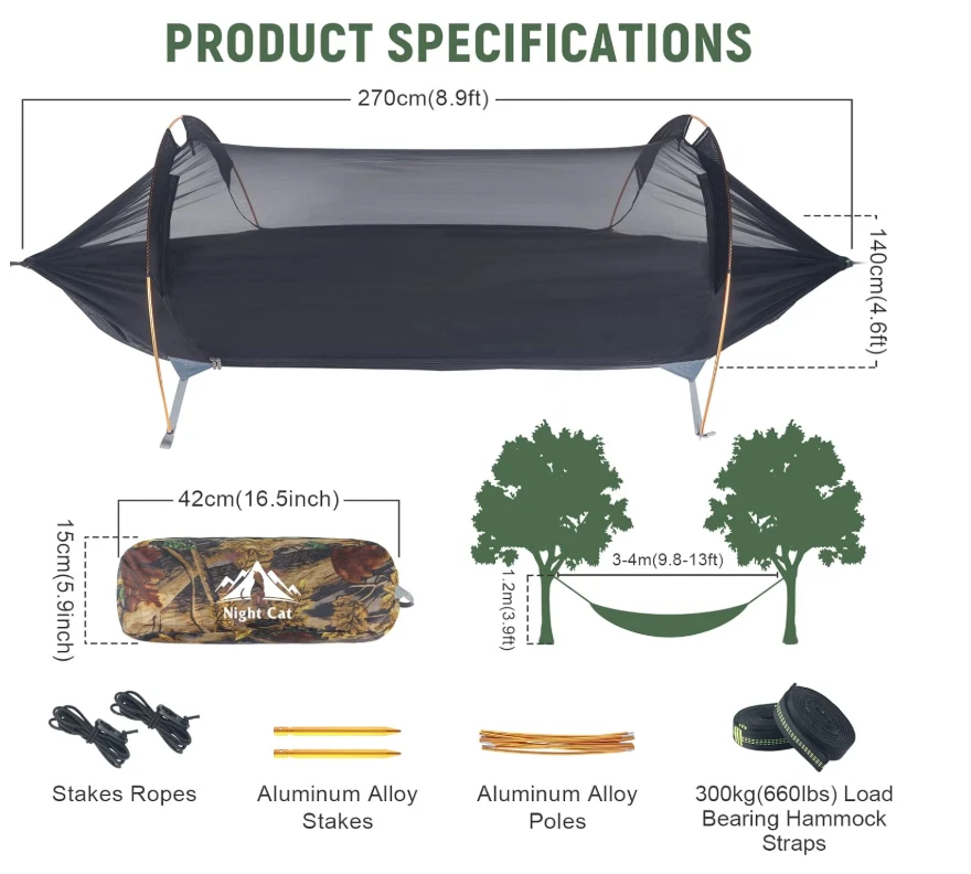 Night Cat Hammock Tent with Mosquito Net Waterproof for 1 Person Hiking Camping - Image 3 of 4