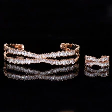 Adjustable CZ 585 Rose Gold Bangle Cuff Ring Jewelry Set Women Party Fashion