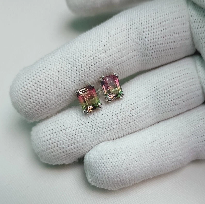 西瓜碧玺耳环,925 纯银耳环,碧玺耳钉 — 第 2/4 张图片