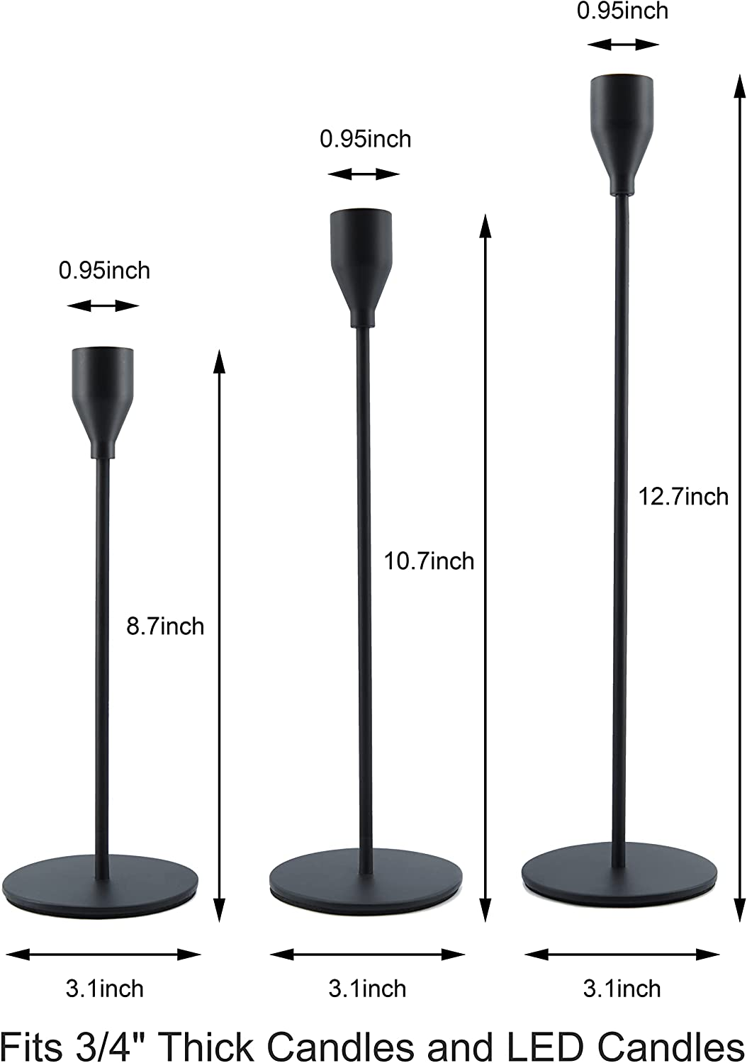 Matte Black Candle Holders for Taper Candles Set of 3，Metal Decorative ...