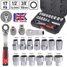 17X GO THROUGH RATCHET WRENCH SOCKET SET 10-24MM PASS THRU HOLLOW WRENCH 1/2 3/8