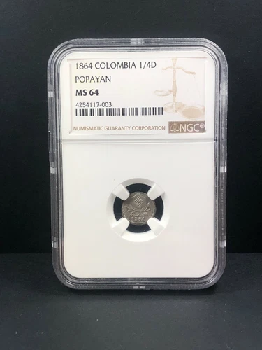 1864 Colombia 1/4 Decimo, Papayan Mint, NGC MS 64, Finest By 3 Grades, Superb