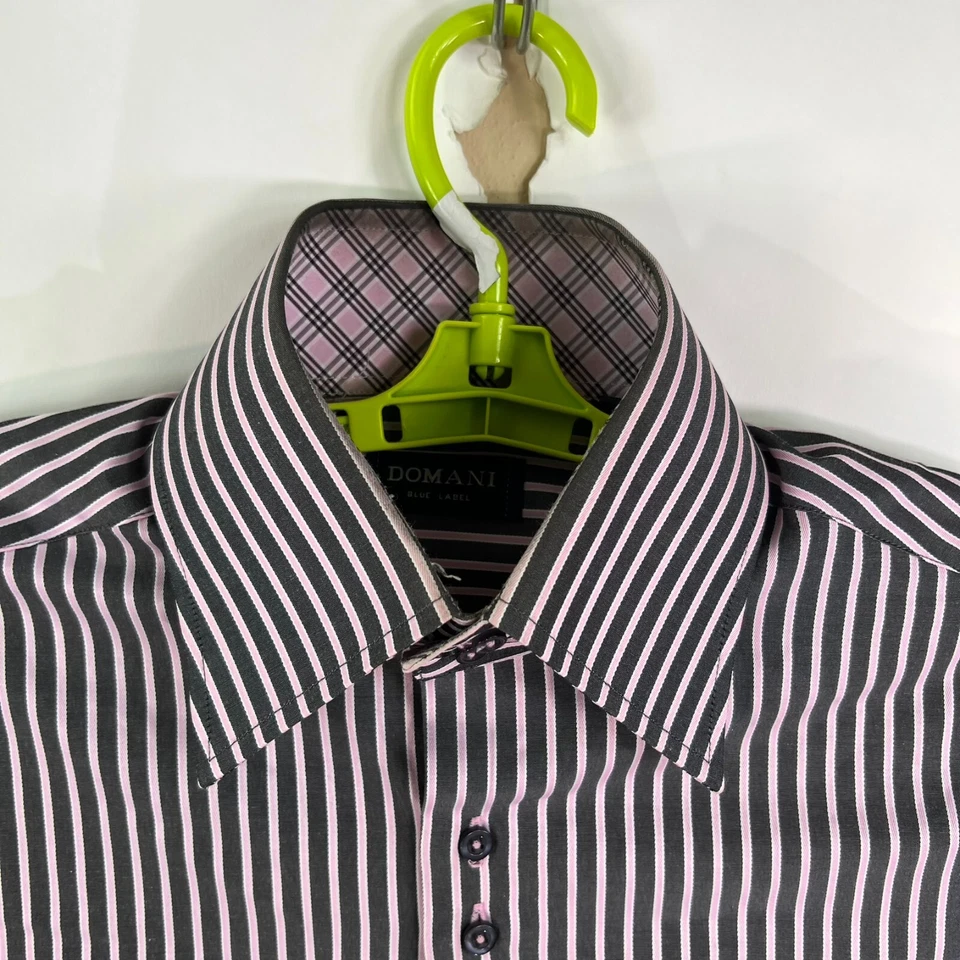 Domani Blue Label Stiped Button Up Shirt Mens Size M 32/33 Gray Pink Cotton Poly - Image 3 of 4
