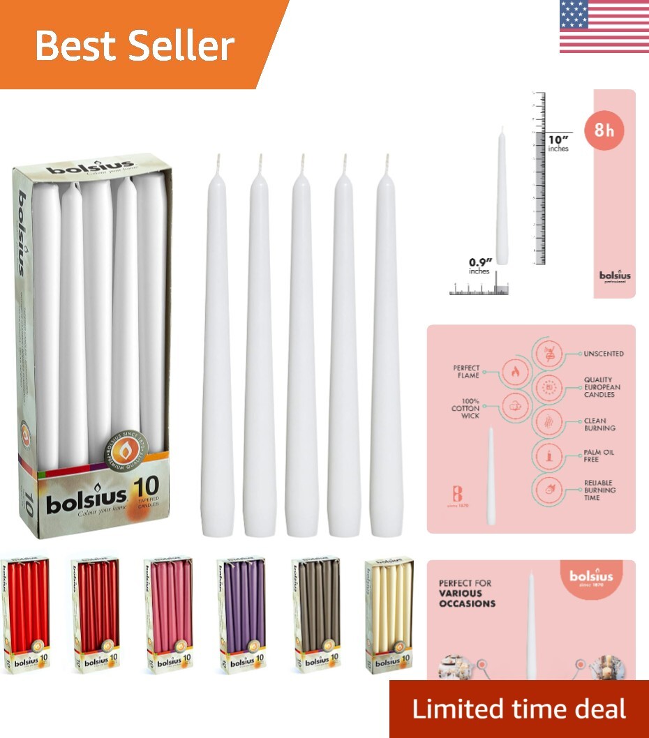 Elegant 10-Inch Unscented Taper Candles 10-Pack Dripless Smokeless Clean Burn