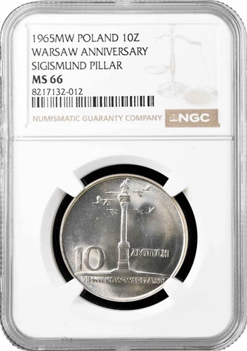 Poland 10 zlotych 1965 MW, NGC MS66, "700th Anniv.- Warsaw, Sigismund Pillar"