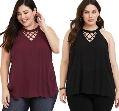 Blouse TOP Ladies Plus Size Black /Red Challis Goddess Lattice Tank Size 14-26