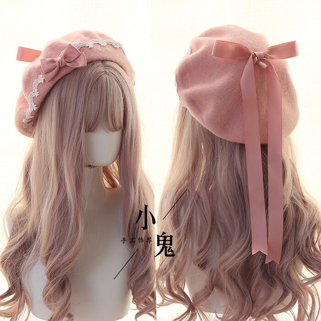 Japanese Kawaii Beret Hat Lolita Woolen Handmade Cute Lace Bowknot