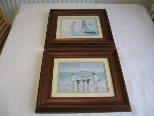 Two Framed Seaside Prints  13 ins  x 12 ins Heavy Wood Frames Paddling Boating - Afbeelding 1 van 3