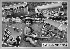 1366) CARTOLINA SALUTI DA VISERBA VEDUTE BAMBINO GIOCA BARCA RIMINI
