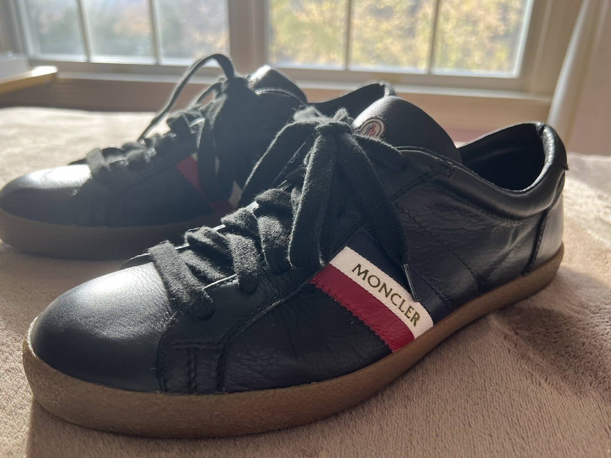 Mens Authentic Black Leather Striped Moncler Sneakers Size 42 /US