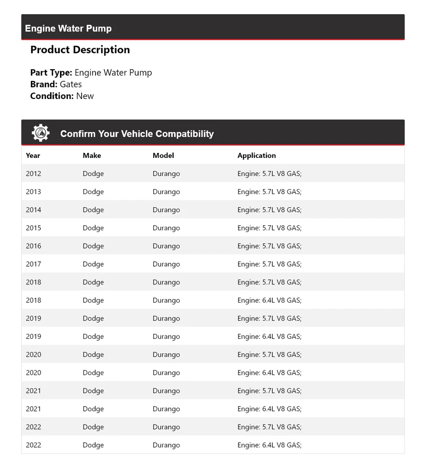 Puertas de bomba de agua para motor Dodge Durango 2012-2022 2013 2014 2015 2016 2017 Foto 2 de 4