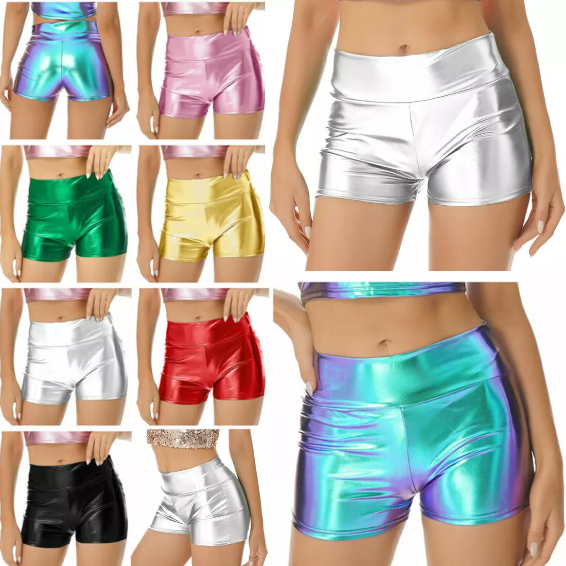 Women s Metallic High Waisted Stretchy Booty Shorts Shiny Rave Dance Hot Pants