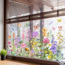 Flower Garden Window Stickers, Colorful Floral Bouquet Double-Sided Reusable ...