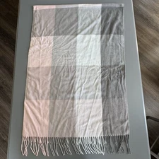 Super Soft Scarf Square Pattern Pink Gray White Shawl Fringe Detail 72X26