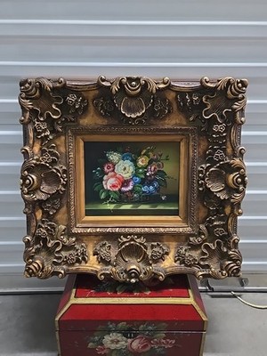 Vintage Dutch-Style Floral Still Life Oil Painting Ornate Rococo Revival 19x21x4