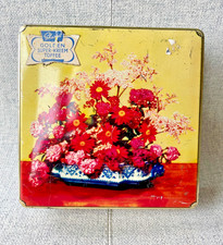 Vintage Sharps Super-Kreem square toffee tin, bright flowers, sticker intact