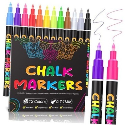 Liquid Chalk Markers Fine Tip 1.0 mm Wet Erase Makers for Chalkboard 12 Colors