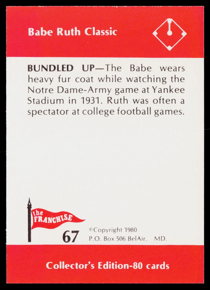 1980 Franchise Babe Ruth #67 Babe Ruth Excellent - Image 2 of 2