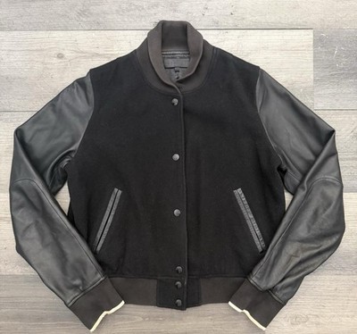 rag & bone Men's Black Varsity Jacket Wool Leather Button Front Size M