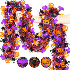 50FT Halloween Tinsel Garland with Orange Pumpkin Black Spider Purple Bat Hall