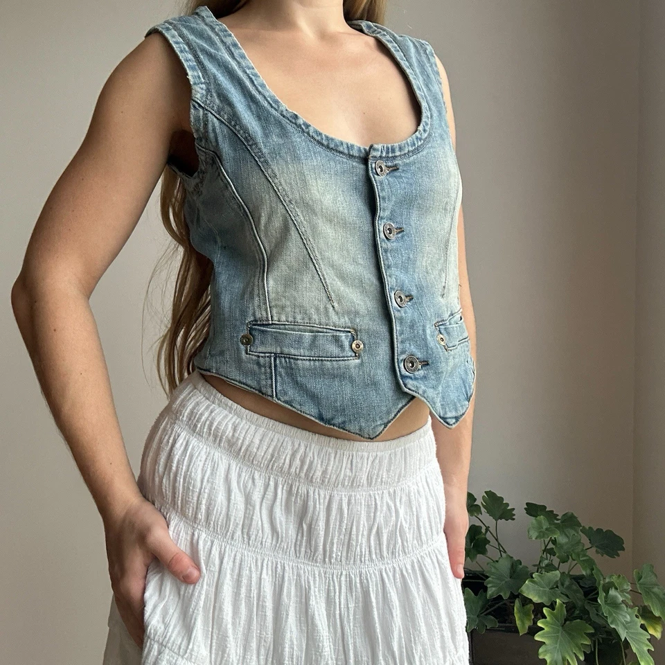 Chaleco vaquero vintage lavado claro azul Roxy para mujer 10 abotonado Foto 3 de 4