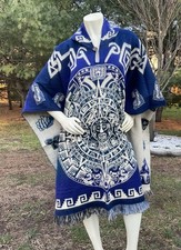 Exclusively Handcrafted ALPACA PONCHO, Aztec Calendar, Geometric, Mystic Forest