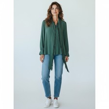 Tory Burch Green Silk Fringe Neck Tie Blouse Size 4