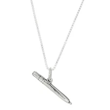 Sterling Silver 3D Pencil Pen Writer Stylus Charm with Box Chain Necklace