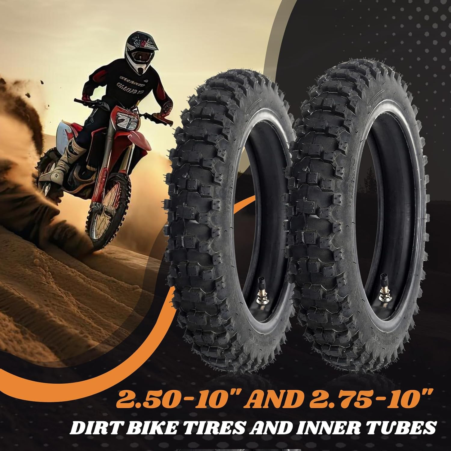 (2-Set) 2.50-10" and 2.75-10" Dirt Bike Tires and Inner Tubes - 2.50-10" Front a