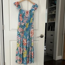 LOFT Blue Floral smocked tiered Maxi Dress Sz XS