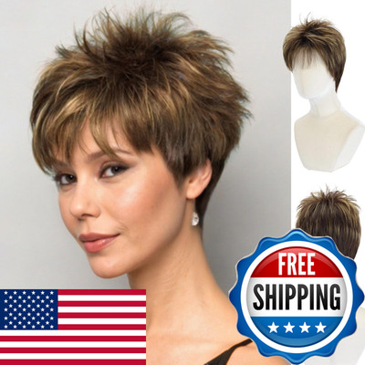 Wigyy Short Pixie Wig For White Women Brown Blonde Highlights Synthetic Wig