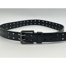 Mens Black Double Grommet Belt Perforated Genuine Leather Punk Grunge 45 Inch