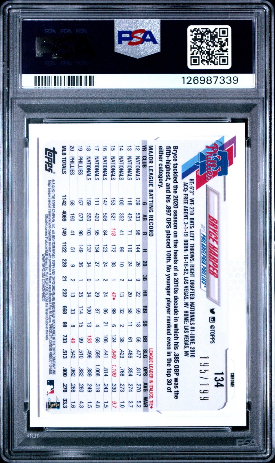 2021 Topps Chrome #134 Bryce Harper Aqua Wave Refractor #'d /199 -- PSA 9 view 2