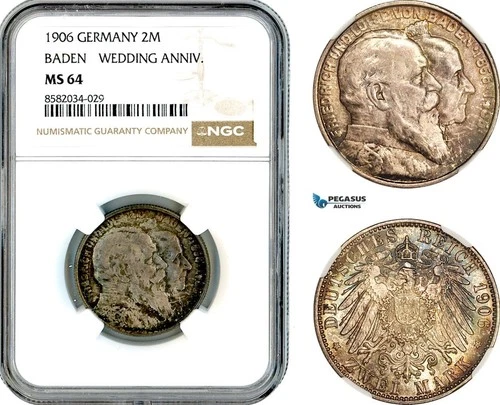 AL144, Germany, Baden, Friedrich, 2 Mark 1906, Wedding Anniv. Silver, NGC MS64