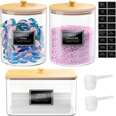 2+1 Pack Glass Laundry Pods Container & Acrylic Dryer Sheet Holder, Clear Lau...