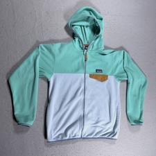 Patagonia Fleece Jacket Youth Large 12 Green Blue Hooded Full Zip Colorblock