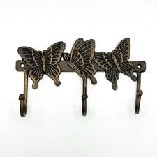 Three Cast Iron Butterfly Key Coat Hat Towel Hooks Brown Gold Color 9.5 X 5 Inch